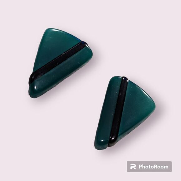 Vintage 80s Green/Black triangle stripe stud earrings 90s - Picture 1 of 3